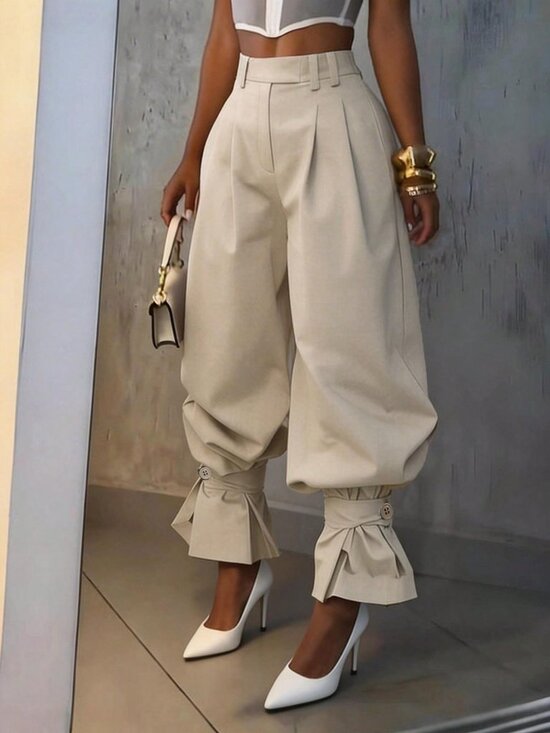 MODA ME COUTURE Pants - Apricot Casual Women's High-Waist Balloon Pants with Pleated Ruffle Hem